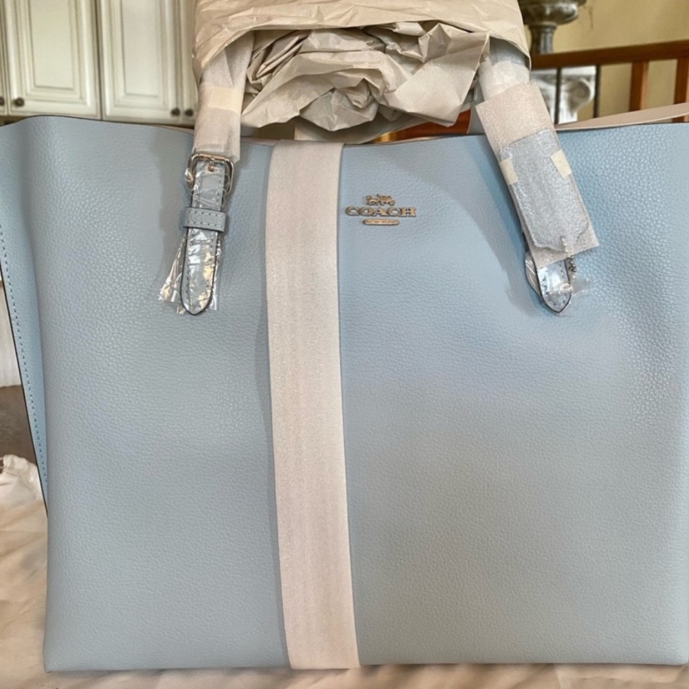 Coach Mollie Large Leather Tote powder blue silver Red zip Adorable SOLD OUT